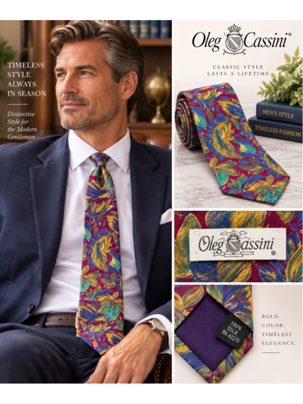 Oleg Cassini Vintage 100% Silk Floral Necktie Burgundy Teal Gold Abstract